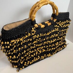 Trina Turk Black Raffia Woven Bag Bamboo Handles Beaded Fringe